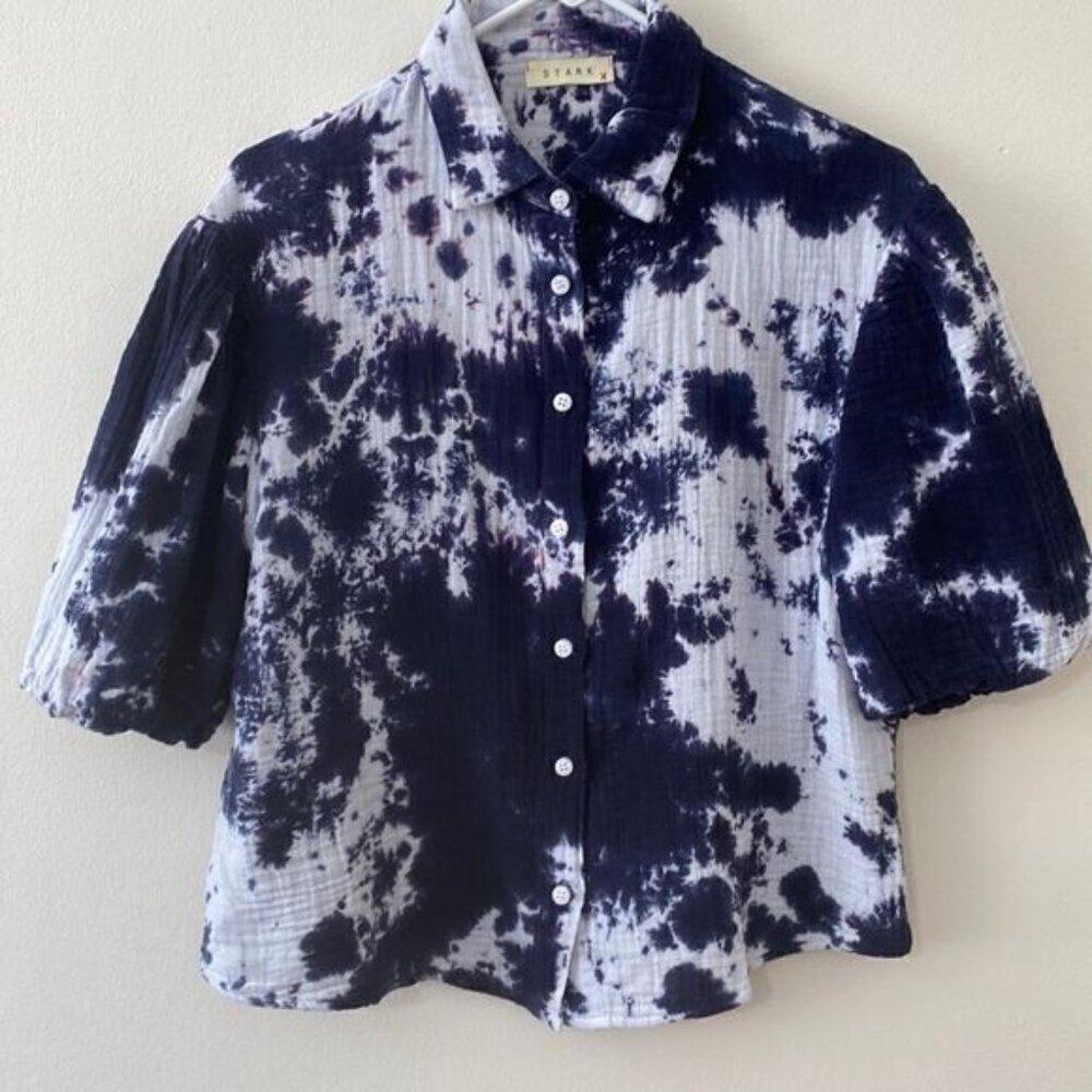 Stark X cotton gauze button down blue and white cropped XS short sleeve